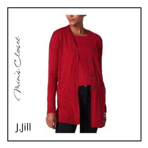 J. Jill Red Button Front Patch Pocket Long Cardigan Sweater Size M